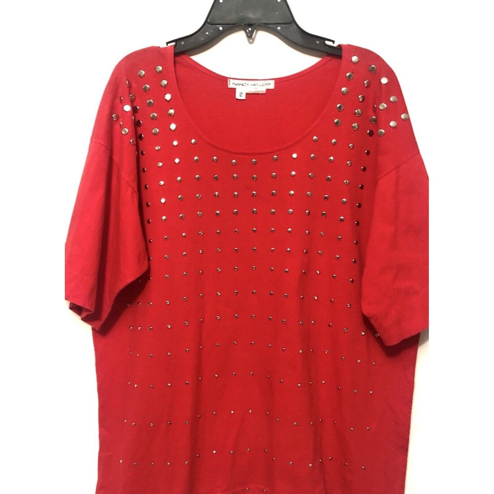 Vintage Nancy Heller Red Short Sleeve Silver Studded Tshirt Shirt Top Blouse 2